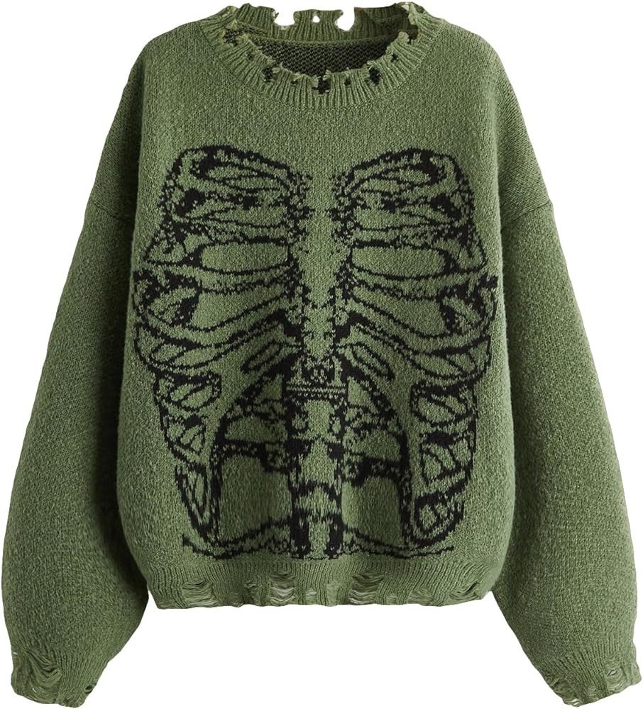 SHENHE Women's Oversized Skeleton Pattern Ripped Round Neck Sweater Pullover | Amazon (US)
