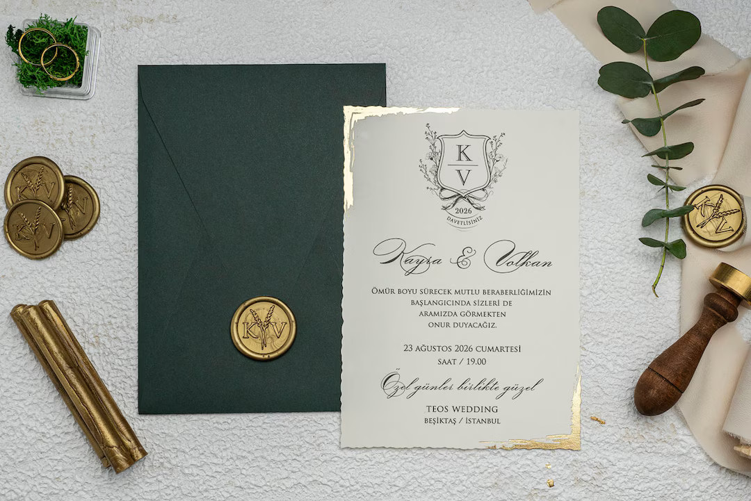 Classy Wedding Invitation Set, Personalized Emerald Green Envelope With Gold Wax Seal, Ivory Wedd... | Etsy (US)