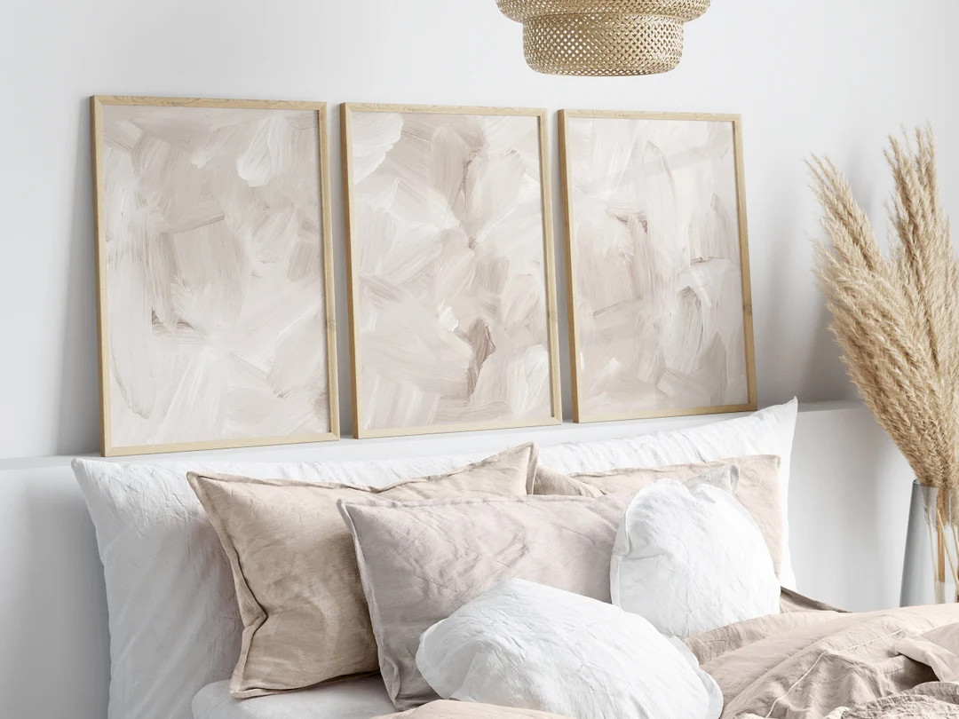 Set of 3 Abstract Print White Beige Brush Strokes Wall Art - Etsy | Etsy (US)