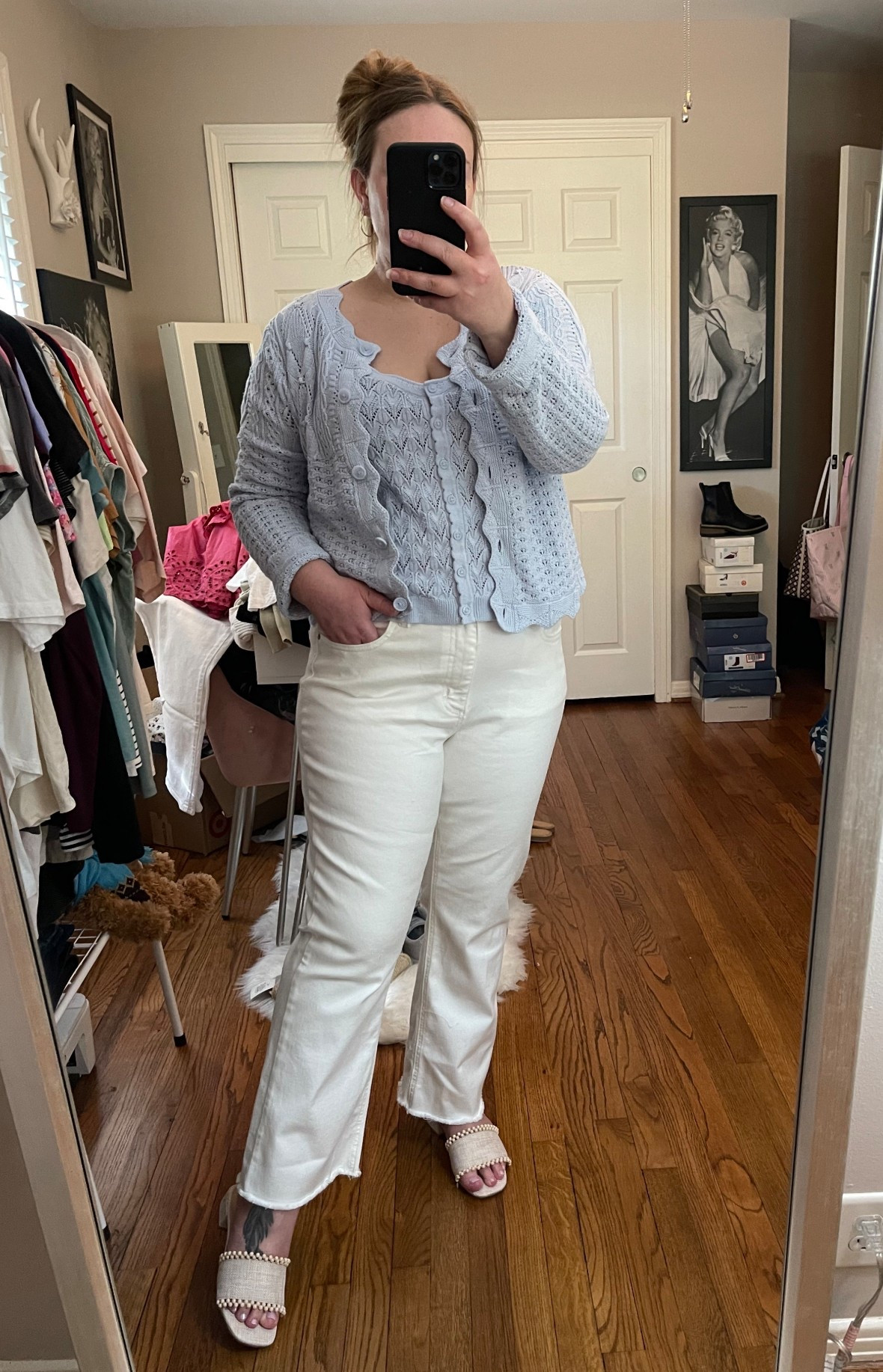 Knit tank, cardigan sweater, target style, target outfit, white jeans, ankle jeans, target jeans, spring style, spring outfit, weekend style, slide sandals, blue sweater, kick flare jeans, high waisted jeans 

#LTKPetite #LTKootd #LTKMidsize