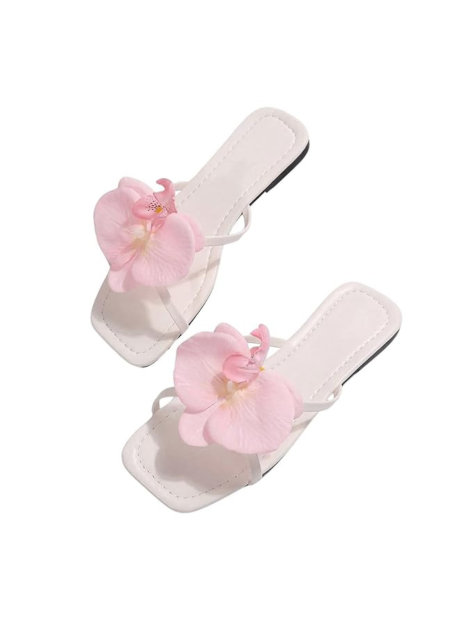 GORGLITTER Women's 3D Flower Sandals Dressy Square Open Toe Floral Flat Sandals Summer Beach Slid... | Amazon (US)