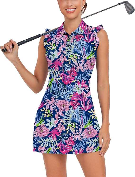 WOWENY Tennis Dress Polo Buttons Golf Dresses with Built in Shorts and Pockets Ruffle Sleeveless ... | Amazon (US)