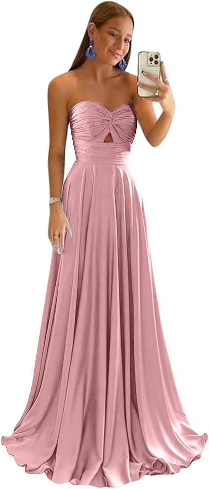 Bridesmaid Dresses A Line Wedding Guest Party Dresses Strapless Long Satin Sweetheart Prom Gown K... | Amazon (US)