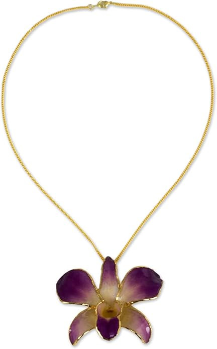 NOVICA Artisan Handmade Gold Plated Orchid Flower Brooch Pin Necklace | Natural Leaf Floral Penda... | Amazon (US)