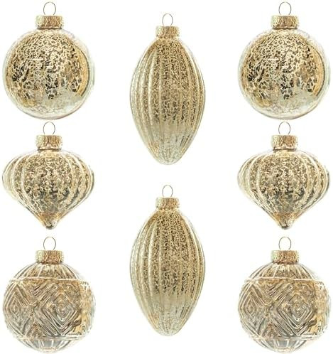 KI Store Mercury Glass Christmas Ornaments Set of 8 Champagne Gold Hanging Christmas Balls Finial... | Amazon (US)