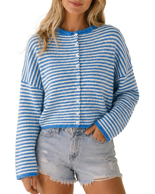Wyeysyt Women Striped Cardigan Roll Neck Button Up Sweater | Amazon (US)