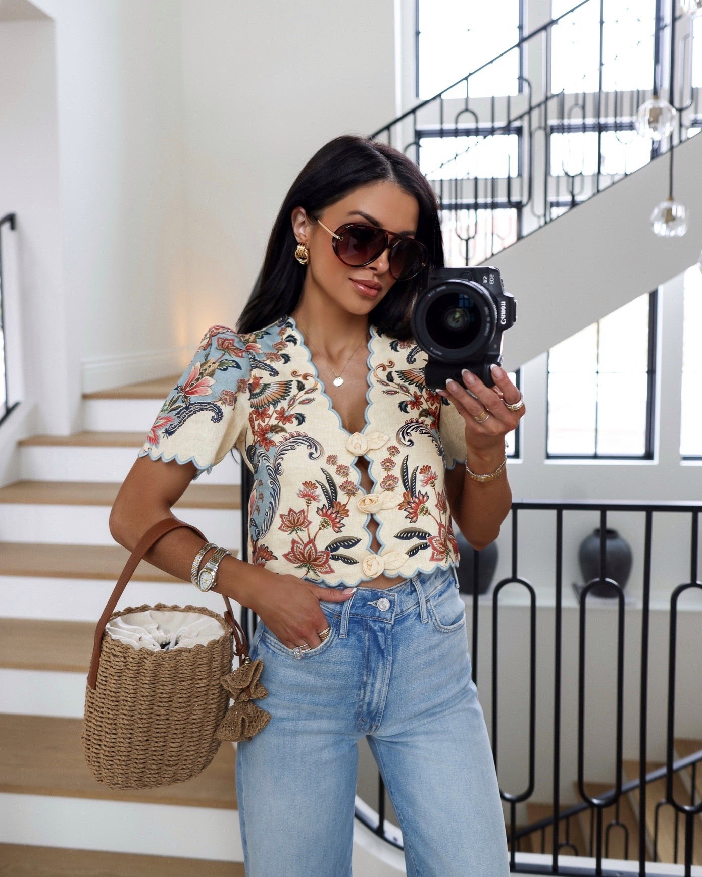 The cutest top for spring and it is selling out fast. This Farm Rio Boho Beauty scallop edge linen top is perfect for spring travel, resort wear, or a beach vacation and pairs so well with denim. I styled it with Mother jeans and the most adorable straw bucket bag from Target for an effortless warm weather outfit.

Farm Rio Boho Beauty Scallop Edge Linen Top - size XS. Mother jeans wearing a 24, runs TTS. 
miamiamine farm rio scallop edge linen top spring travel outfit resort wear beach vacation outfits mother jeans straw bucket bag target handbag chic spring tops vacation outfit ideas boho spring style

#LTKootd #LTKTravel #LTKspringtrends