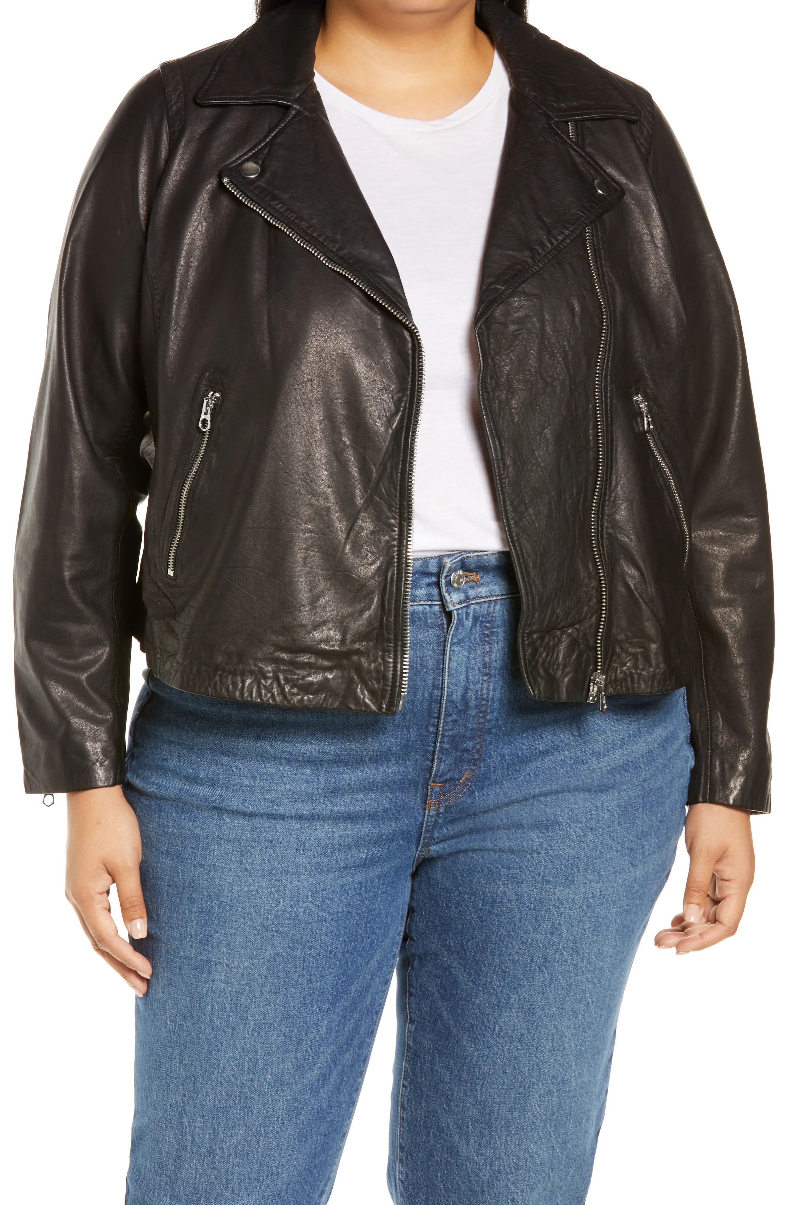 Madewell Washed Leather Motorcycle Jacket, Size 1X in True Black at Nordstrom | Nordstrom