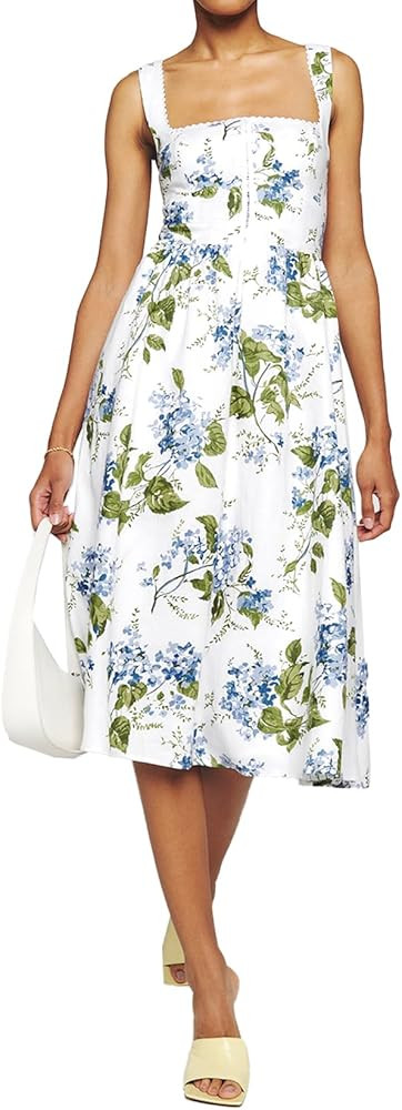 White Floral Dress for Women Midi Elegant Slip Dress Trendy Square Neck Dress Flowy Wrap Dress | Amazon (US)