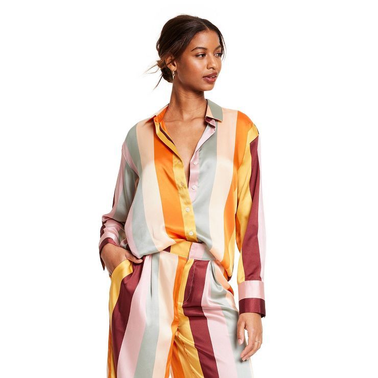 Women's Mixed Vertical Stripe Print Long Sleeve Button Down Shirt - Fe Noel x Target Orange/Brown... | Target