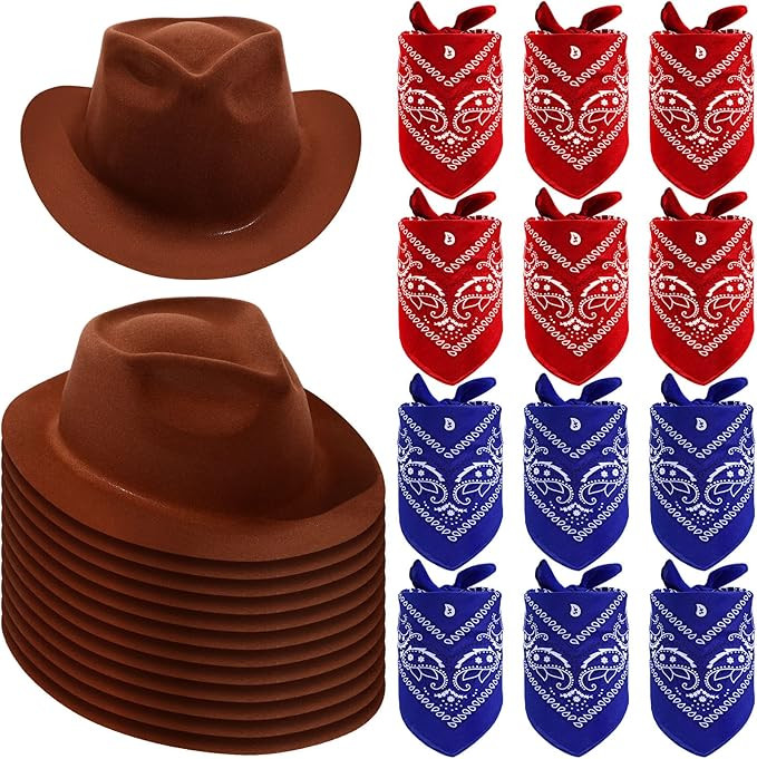 24 Pieces Western Cowboy Hat Set, Felt Cowboy Themed Party Hats with Paisley Bandanas for Adult K... | Amazon (US)