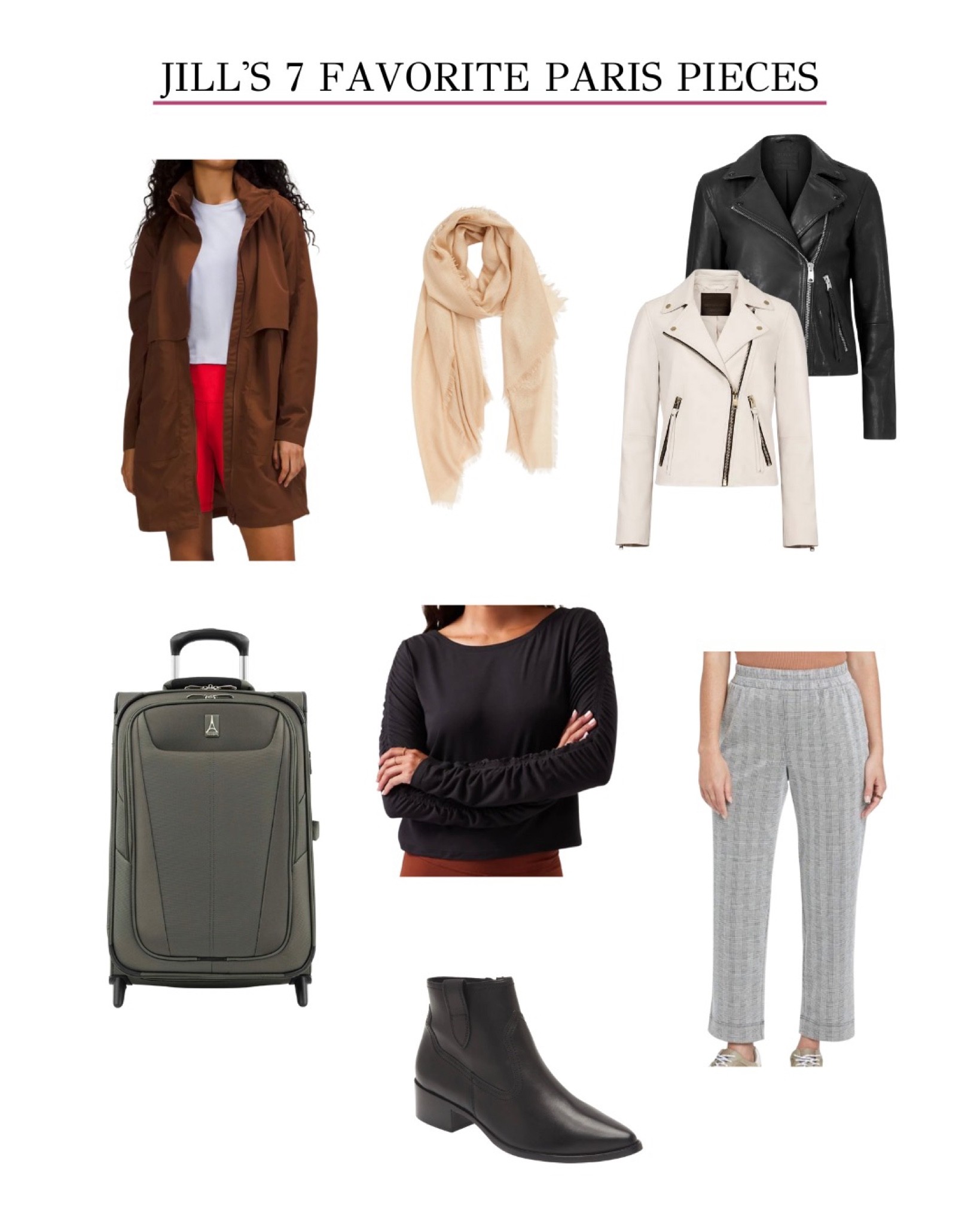 Wondering what to pack for Paris or a trip abroad? Start with these pieces and this suitcase.

These are pieces that Jill used the most while in Paris. Jill owns this exact leather jacket from last year in a color that no longer available. Mary owns this jacket in ivory, but black is a solid voice, as well.

Brown jacket - 4 (sized down)
Leather jacket - US 6
Black tee - M (sized up)
Pants - S 
Booties - 9 

#LTKsalealert #LTKtravel #LTKeurope