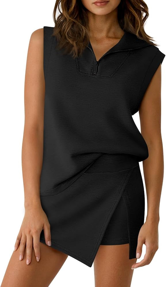 Fisoew Womens 2 Piece Skirt Sets Summer Sleeveless Half Zip Sweatshirt Athletic Skorts Tennis Out... | Amazon (US)