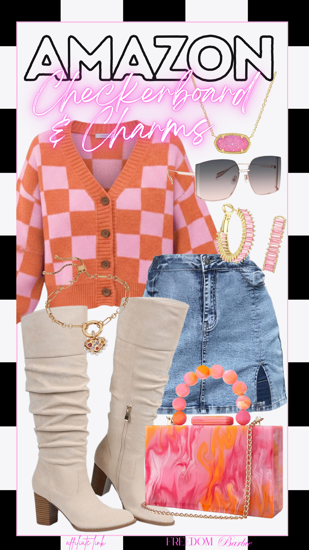 Checkerboard & Charms. 🧡💗 This orange and pink combo is giving me all the dopamine! This cardigan is the perfect transition piece, and don’t even get me started on the marble clutch.

#AmazonFashion #OOTD #ChicStyle #FashionInspo 

 #LTKdayinmylife #LTKgrwm #LTKootd