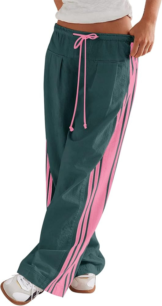 LOMON Pants for Women Wide Leg Side Striped Pants Drawstring Baggy Palazzo Work Trousers with Poc... | Amazon (US)