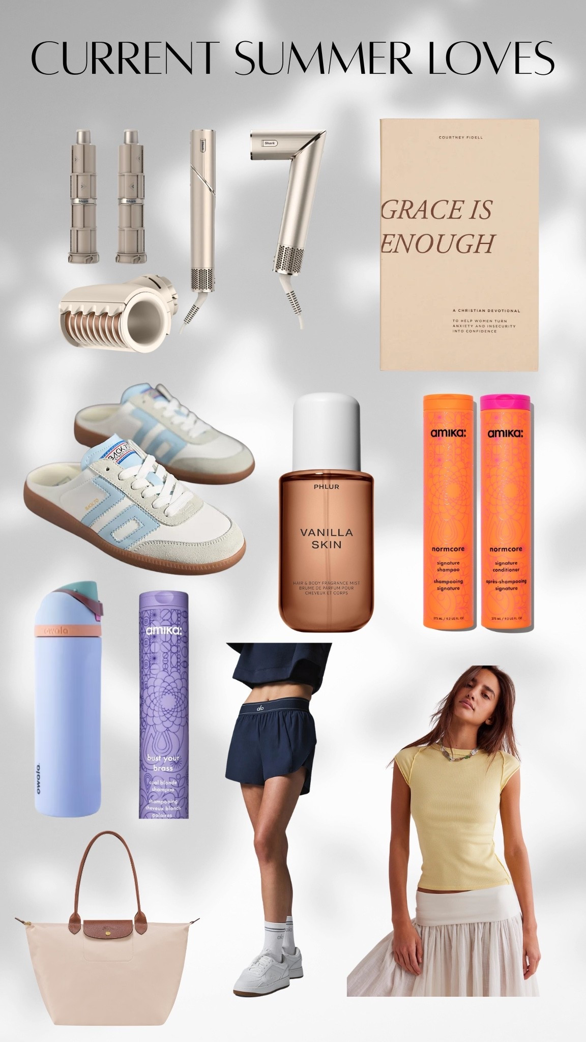 My current summer faves!!
1. Shark Flexstyle - The busy mom’s key to quick and cute hair styling! I use the auto wrap curling attachments and the frizz fighter attachment most!
2. Grace Is Enough by Courtney Fidell - my current daily devotional! Perfect for motherhood!
3. Back 70 Mule Sneakers - So easy to slip on and go!
4. Phlur Vanilla Skin Body/Hair Mist - my new fave smell. Lasts so long and smells amazing!
5. Amika Normcore Shampoo and Conditioner - smells amazing and leaves my hair feeling so smooth and strong.
6. Owala (specifically this color from Target!) - I’m a BIG lavender girl and this color way is the cutest, most “me” summer scheme!
7. Amika purple shampoo - more Amika goodies! My favorite purple shampoo I’ve ever used! Keeps my blonde balayage looking fresh.
8. Longchamp Le Pliage Large Tote - I use this as a purse/diaper bag in one! Perfect to grab and go for little outings around town! Get the organizer I linked too - it’s a game changer!
9. Alo Match Point Shorts - SO comfy and flattering! I have these in 3 colors and probably about to order the new seashell color cause I wear them every day!
10. FP We the Free Ever Had tee - So cute and flattering, perfectly paired with the linked Alo shorts or some denim shorts! Very versatile and comfy.

#LTKSummerEdit #LTKFindsUnder100 #LTKFamily