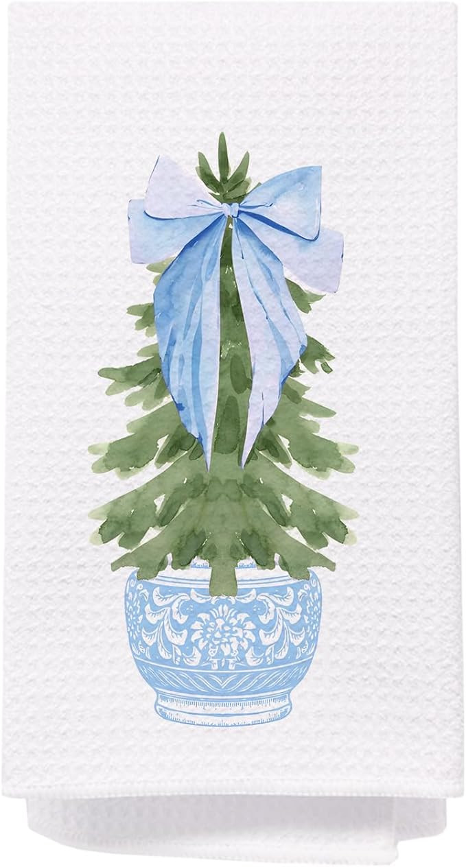 Chinoiserie Christmas Kitchen Towels, Light Blue Porcelain Chinoiserie Christmas Tree Hand Towels... | Amazon (US)