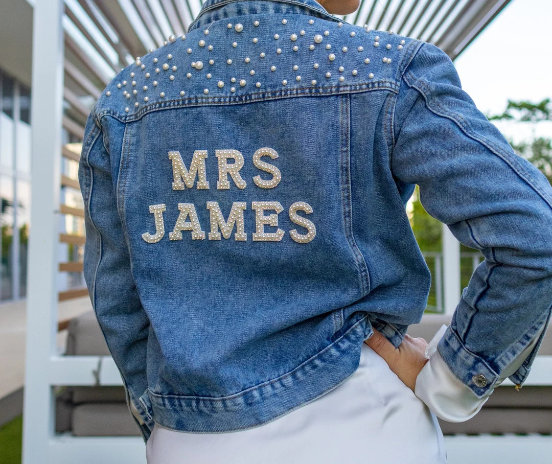 Personalized Bridal Rhinestone Denim Jacket, Mrs Last Name Pearl Jean Jacket, Bridal Shower Honey... | Etsy (US)