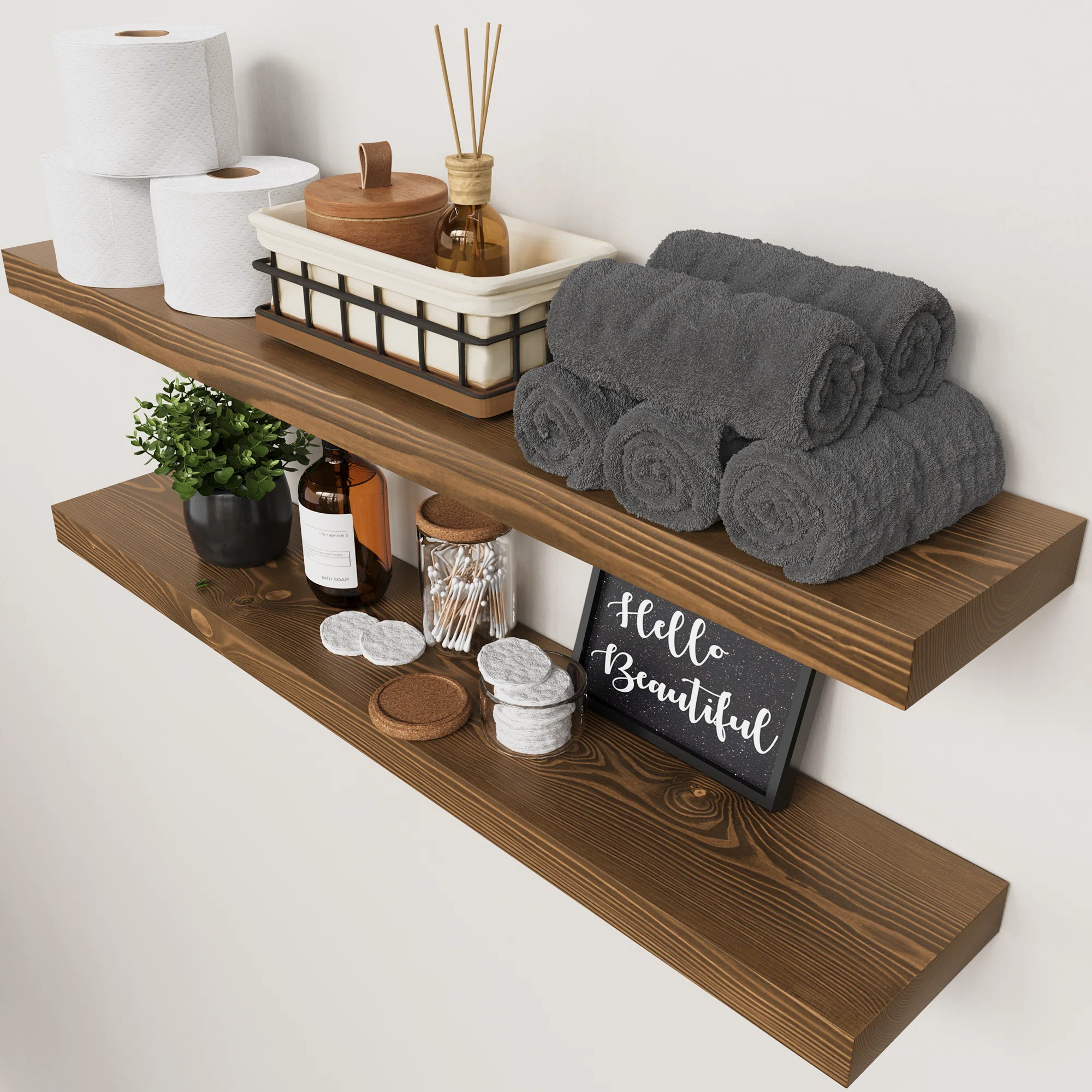 Solid Wood Floating Shelves, Wooden Shelves for Wall Storage (Set of 2) | Wayfair North America