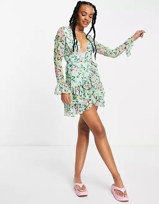 ASOS DESIGN dobby mini wrap dress with fluted sleeve in green ditsy floral print | ASOS (Global)