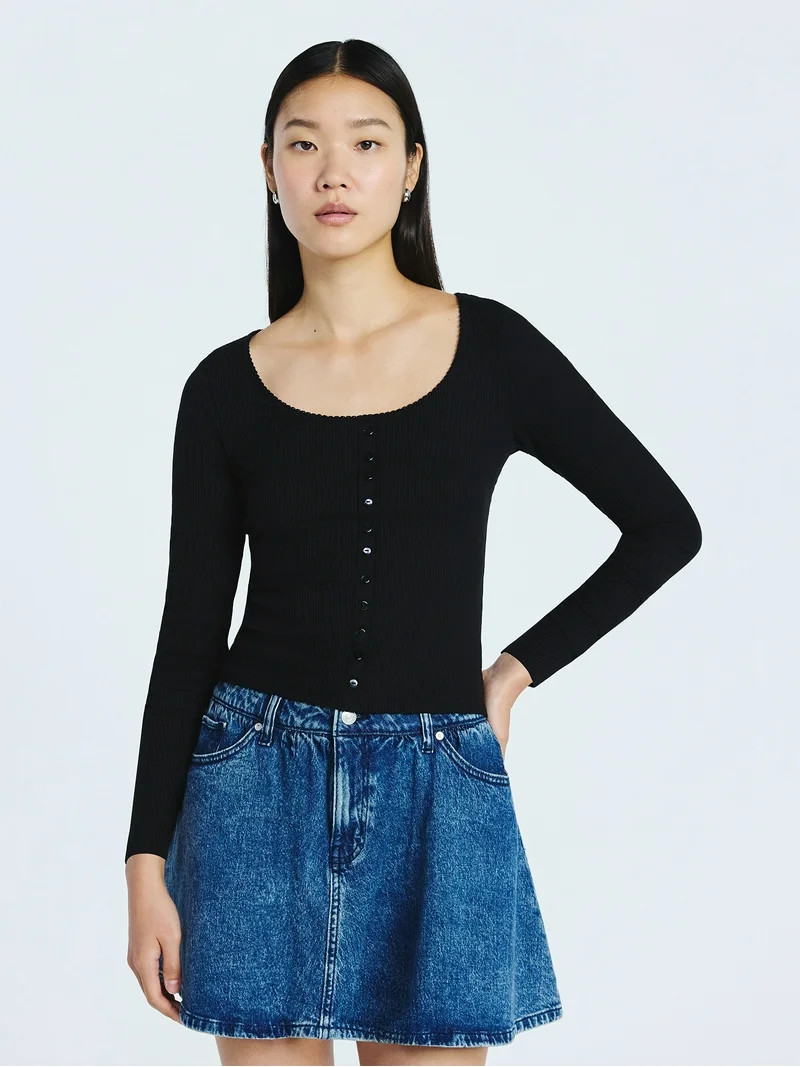 Scoop Women’s Lace Trim Scoop Neck Ribbed Tee with Long Sleeves, Sizes XS-XXL | Walmart (US)