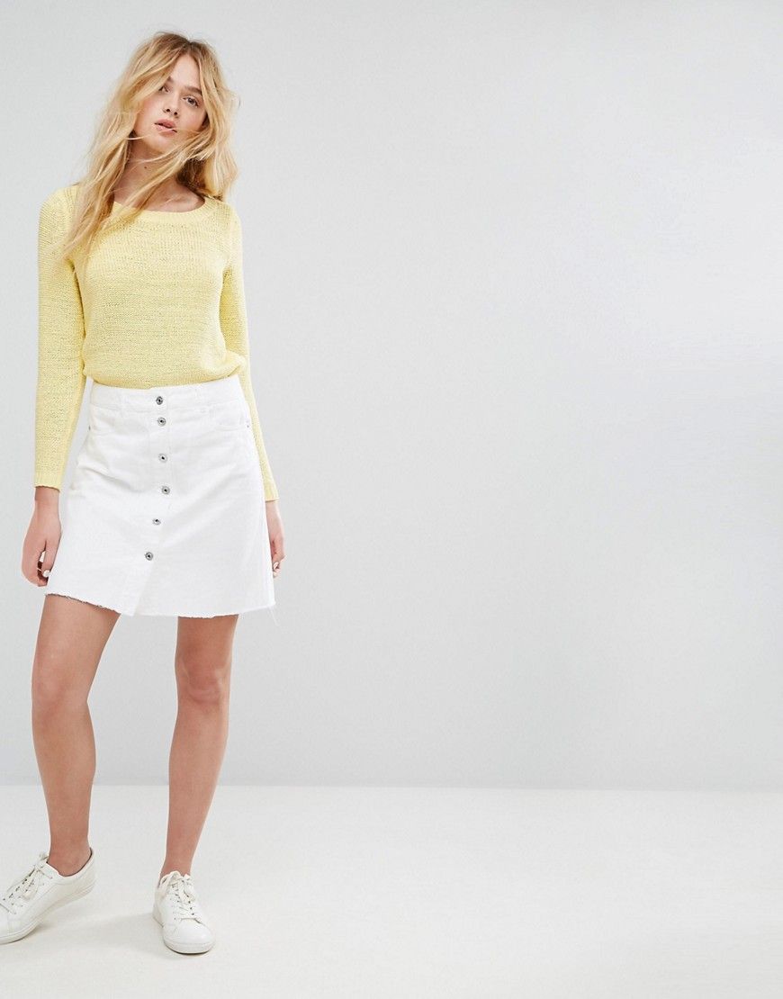 Only Button Front Denim Skirt with Raw Hem - White | ASOS US