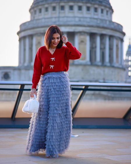 Red Cardigan Grey Tulle Maxi Skirt White Fur Mini Bag Silver Heels - Festive Outfit Party Outfit Christmas Outfit Occasion Outfit Fall Winter Outfit Petite Outfit

#LTKHoliday #LTKGiftGuide #LTKeurope