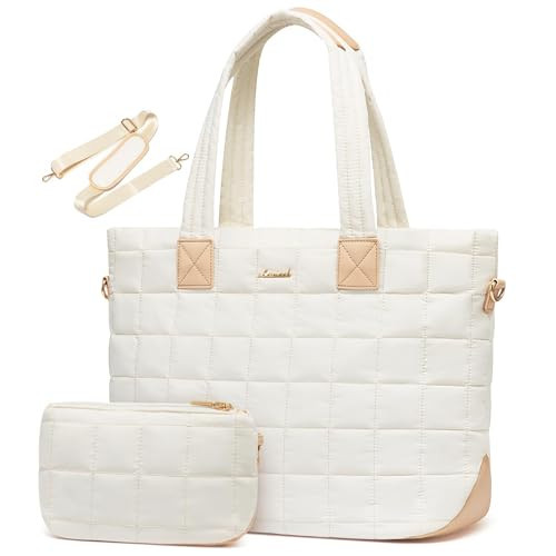LOVEVOOK Laptop Tote Bag for Women, 17 Inch Large Puffer Work Computer Tote Bags for Teacher Nurse, Quilted Women's Purse Tote Shoulder Handbags with Zipper for Travel College Office Gym, Beige | Amazon (US)