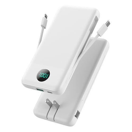 Portable Charger with Built-in Cables and AC Wall Plug 13800mAh,LCD Display Slim PD Fast USB C Power Bank,4 Outputs Travel Essentials Battery Pack Compatible with iPhone,Samsung,All Smart Phones-White | Amazon (US)