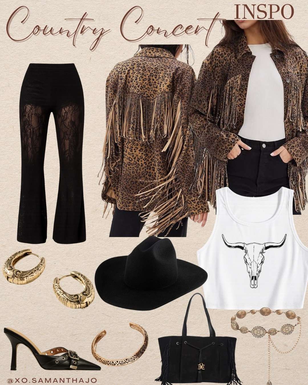 Country concert outfit inspo featuring a leopard fringe jacket, western cowgirl lace flare pants, black cowboy hat, bull skull graphic crop tank, fringe western handbag, gold statement jewelry, and western style heels. This country western inspired concert look is perfect for rodeo outfits, Amazon, fringe jacket, faux suede, leopard outfits, cowboy hat, NFR Nashville style, cowgirl chic fashion, and boho western vibes. Great for country music festivals, cowboy concert outfits, western night out looks, and country style outfit ideas for women.


#LTKStyleTip #LTKSeasonal #LTKSaleAlert