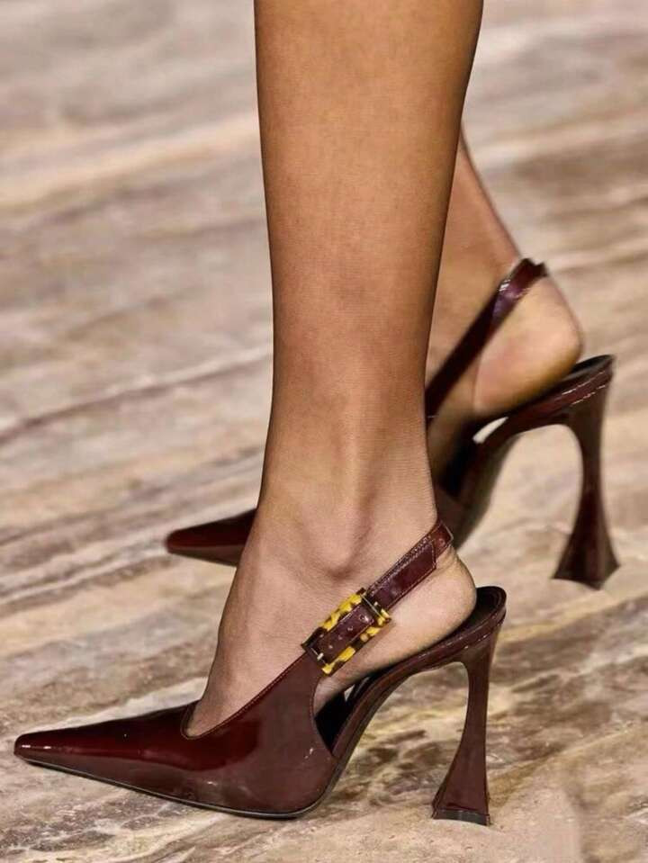 2024 Spring/Summer Sexy Pointed-Toe Stiletto High Heel Sandals, Wine Red Lacquer Leather With Ank... | SHEIN