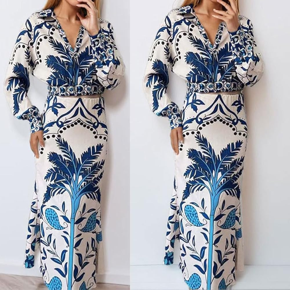 KUGGKKTP The New V-Neck Irregular Printed Long-Sleeved Floor-Length Dress is a Summer Dress for W... | Amazon (US)