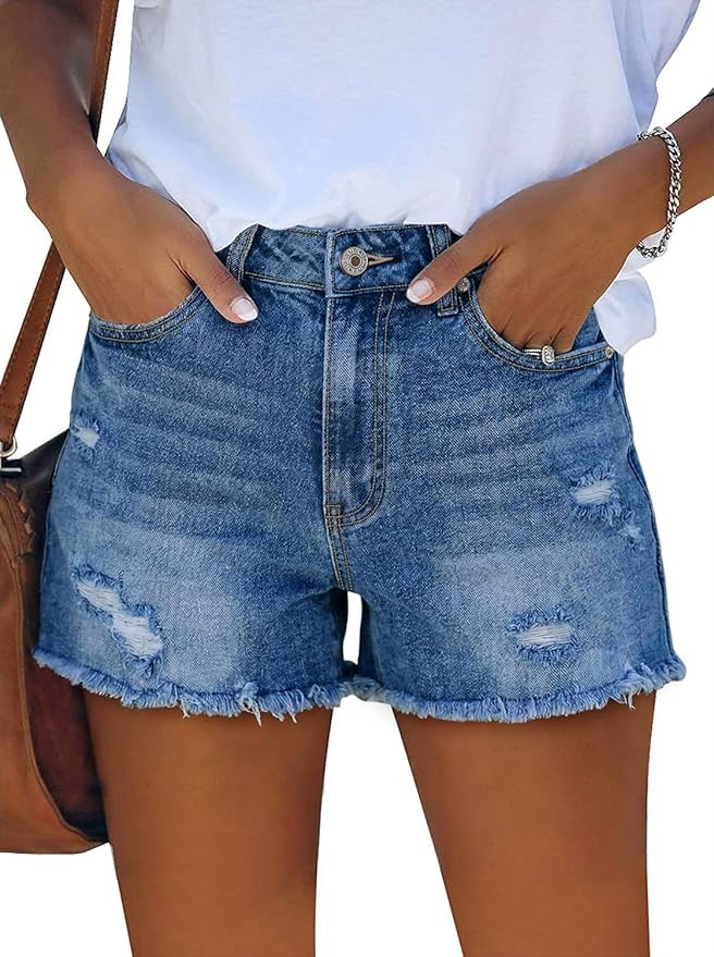 onlypuff Women Jean Shorts Ripped Mid Rise Stretchy Distressed Casual Denim Shorts | Amazon (US)