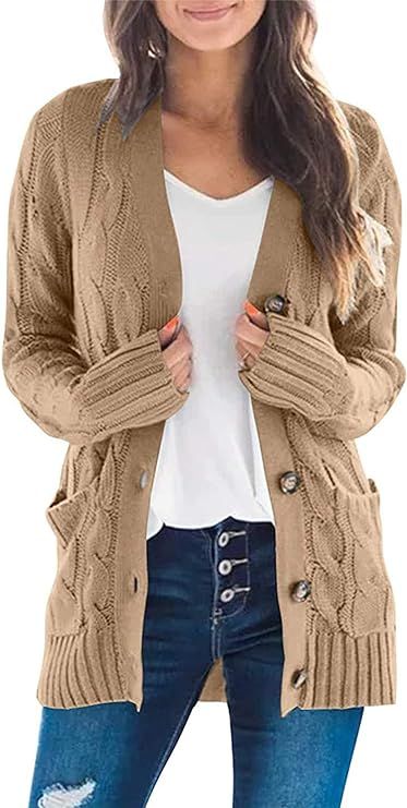 PRETTYGARDEN Women's Open Front Cardigan Sweaters Fashion Button Down Cable Knit Chunky Outwear C... | Amazon (US)