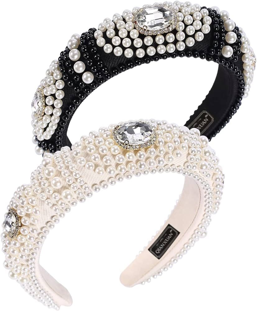 QIANXUAN Fashion Headbands For Women's Hair White Pearl Headbands For Girls Black Padded Headband... | Amazon (US)