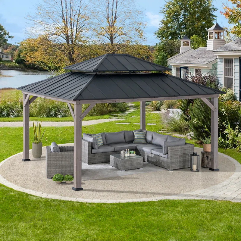 Sunjoy 13 x 15 ft. Wood Gazebo, Outdoor Patio Steel Hardtop Gazebo, Cedar Framed Wooden Gazebo wi... | Wayfair North America