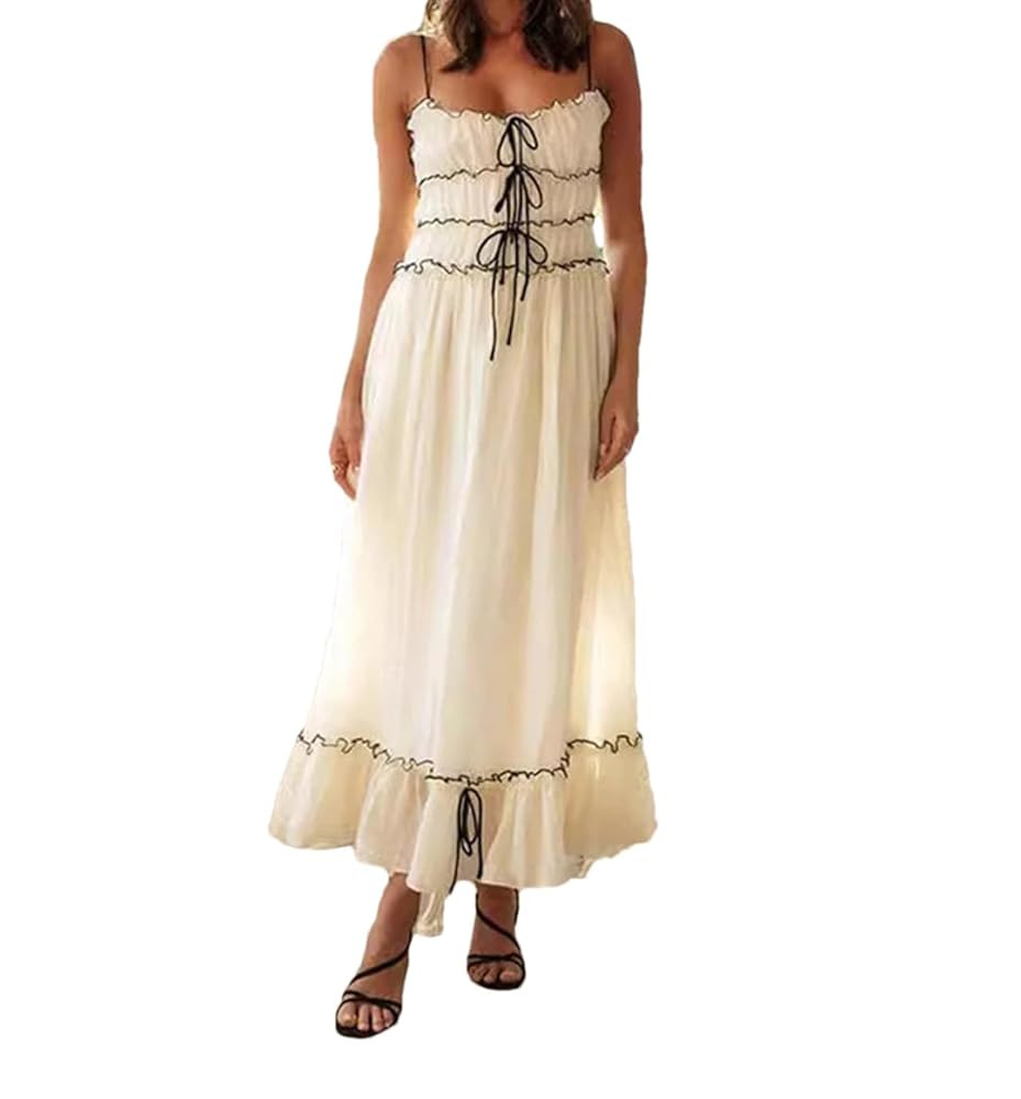 Hdhdeueh Women Pleated Bow Lace-Up Patchwork Dress Off Shoulder Sleeveless A-Line Party Club Robes | Amazon (US)