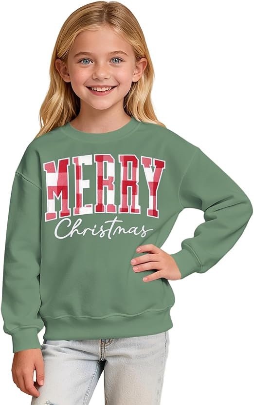 IZYJOY Kid Girl Christmas Sweatshirt Plaid Merry Christmas Shirt Long Sleeve Embroidery Patch Xma... | Amazon (US)