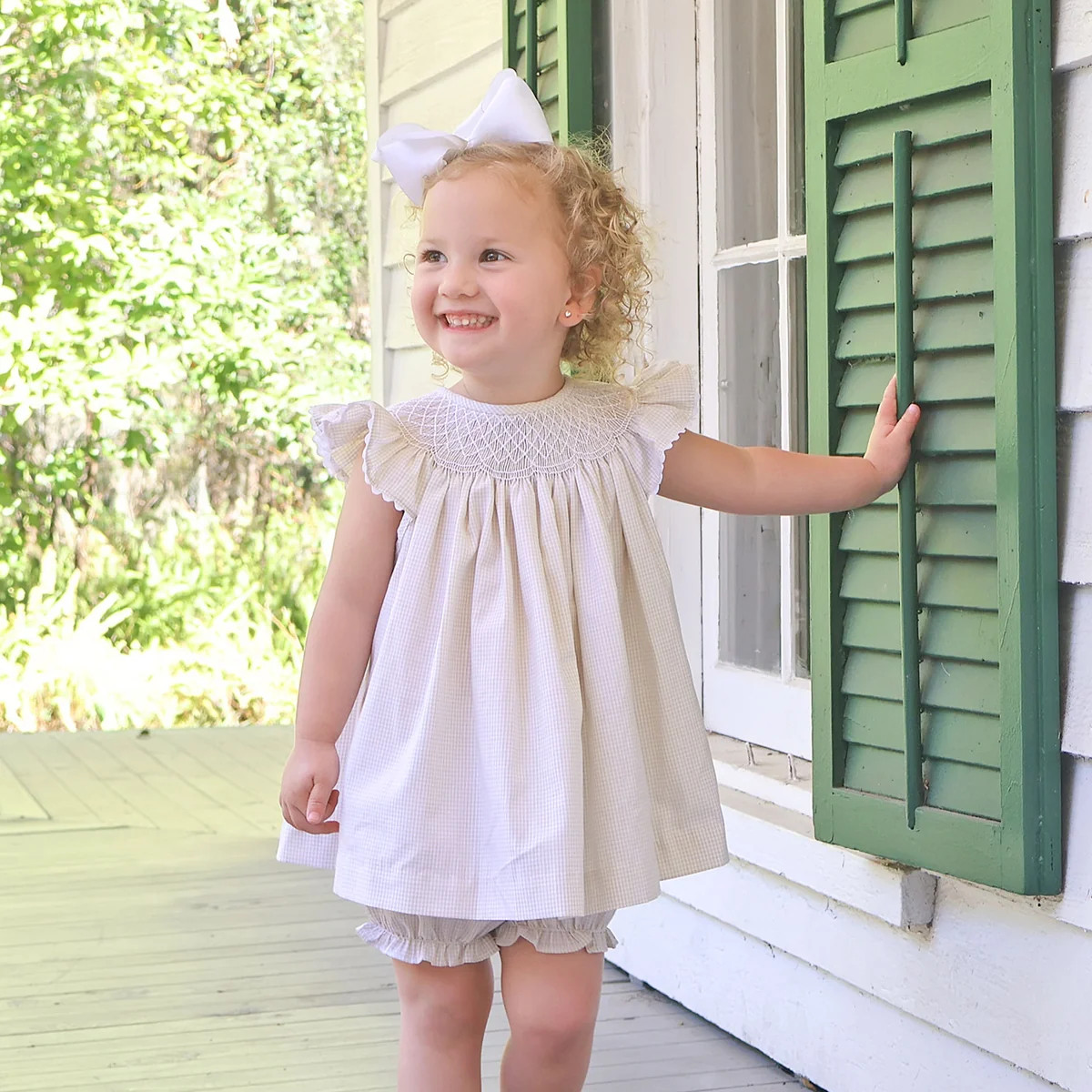 Geo Smocked Tan Gingham Angel Sleeve Bloomer Set | Classic Whimsy