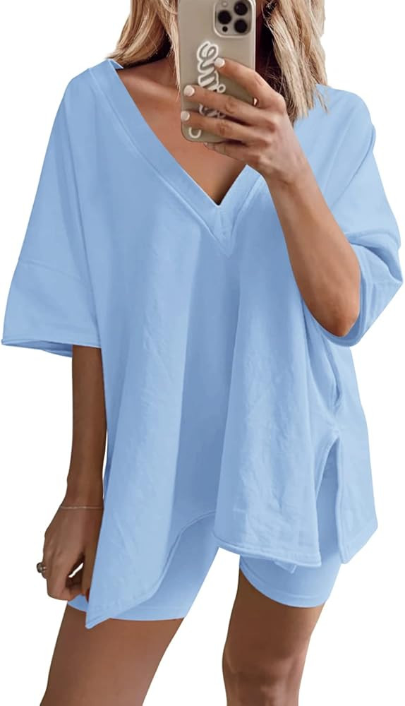 Yanekop Womens Oversized 2 Piece Outfit Sets Reversible V Neck T Shirt Biker Shorts Sports Tracks... | Amazon (US)