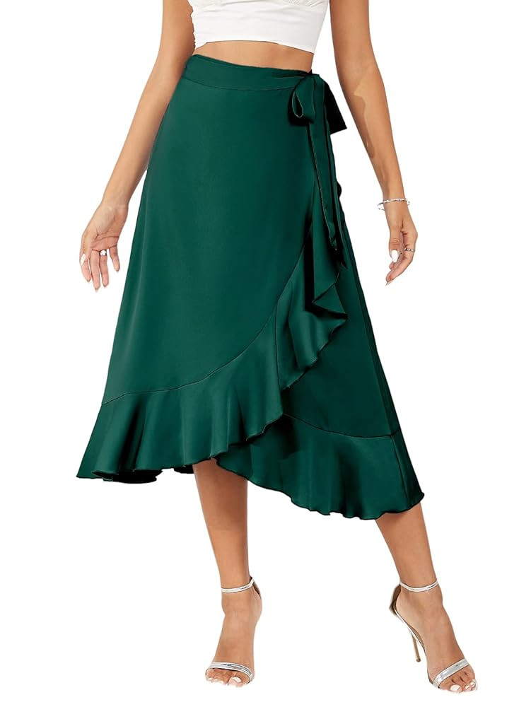 Women's Satin Wrap Skirt Adjustable Tie Ruffle Hem Flowy High Low Trendy Midi Skirt | Amazon (US)