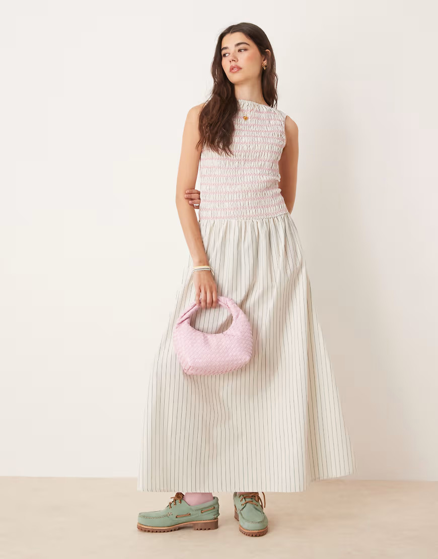 ASOS DESIGN shirred maxi dress with contrast stitching in stripe-Multi | ASOS (Global)