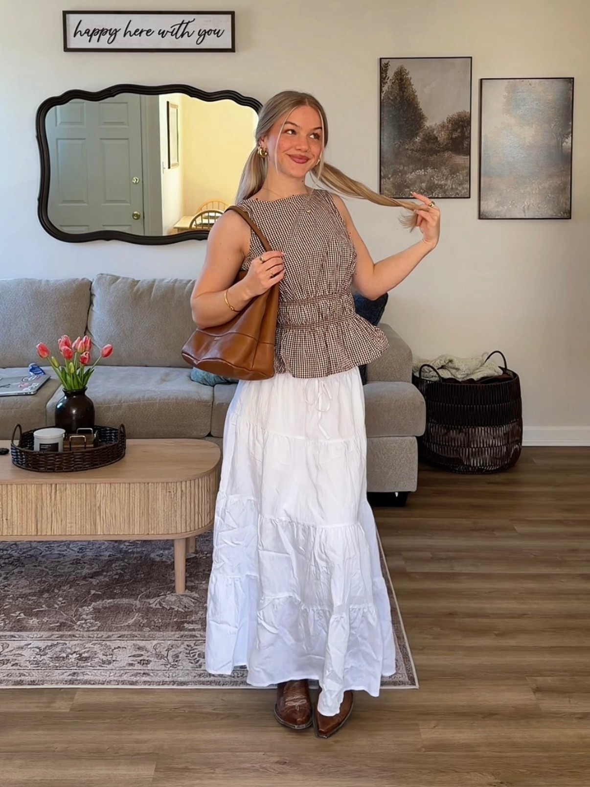spring outfit inspo, ootd, girly outfit, spring fashion, gingham, white flowy skirt, brunch outfit, farmers market outfit

#LTKPetite #LTKSeasonal #LTKootd