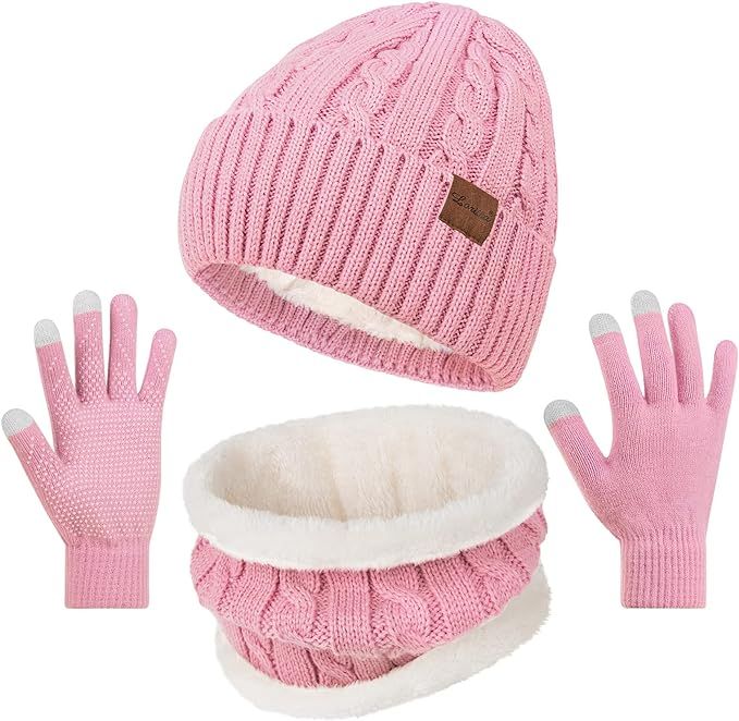 3 Pieces Winter Beanie Hat Scarf Touch Screen Gloves Set Thick Warm Knit Skull Cap Fleece Lined S... | Amazon (US)