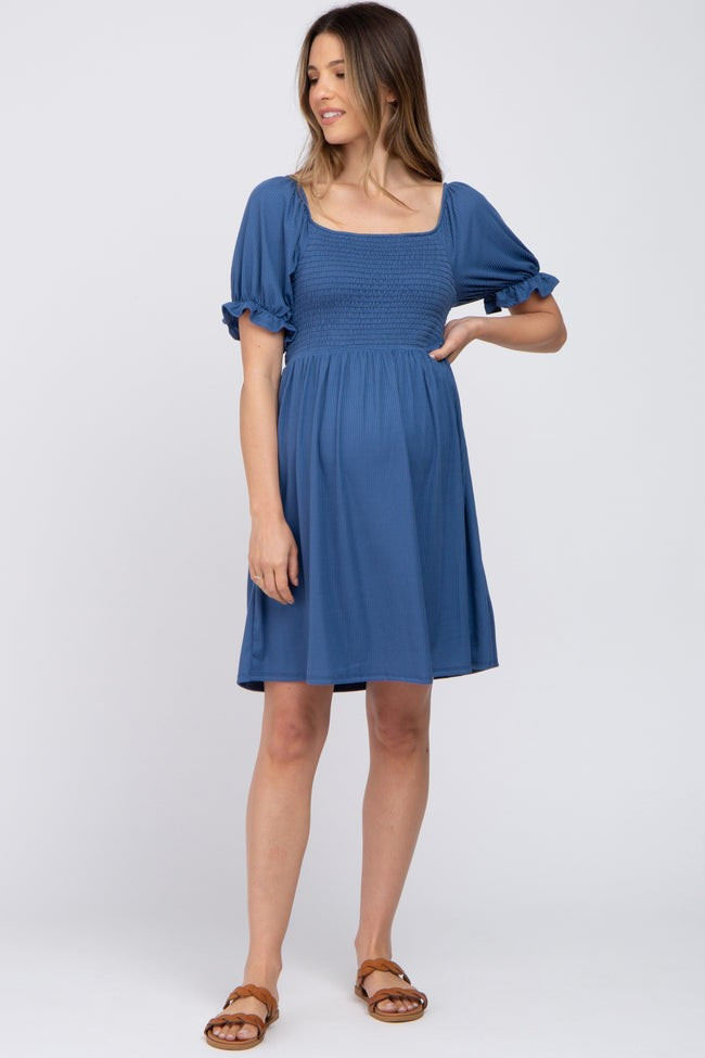Blue Smocked Puff Sleeve Maternity Dress | PinkBlush Maternity