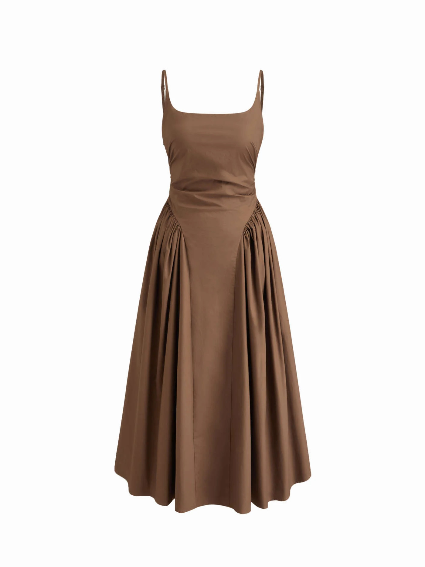 Woven 100% Cotton U-neckline Ruched Ruffle Hem Maxi Cami Dress For Daily Casual | Cider