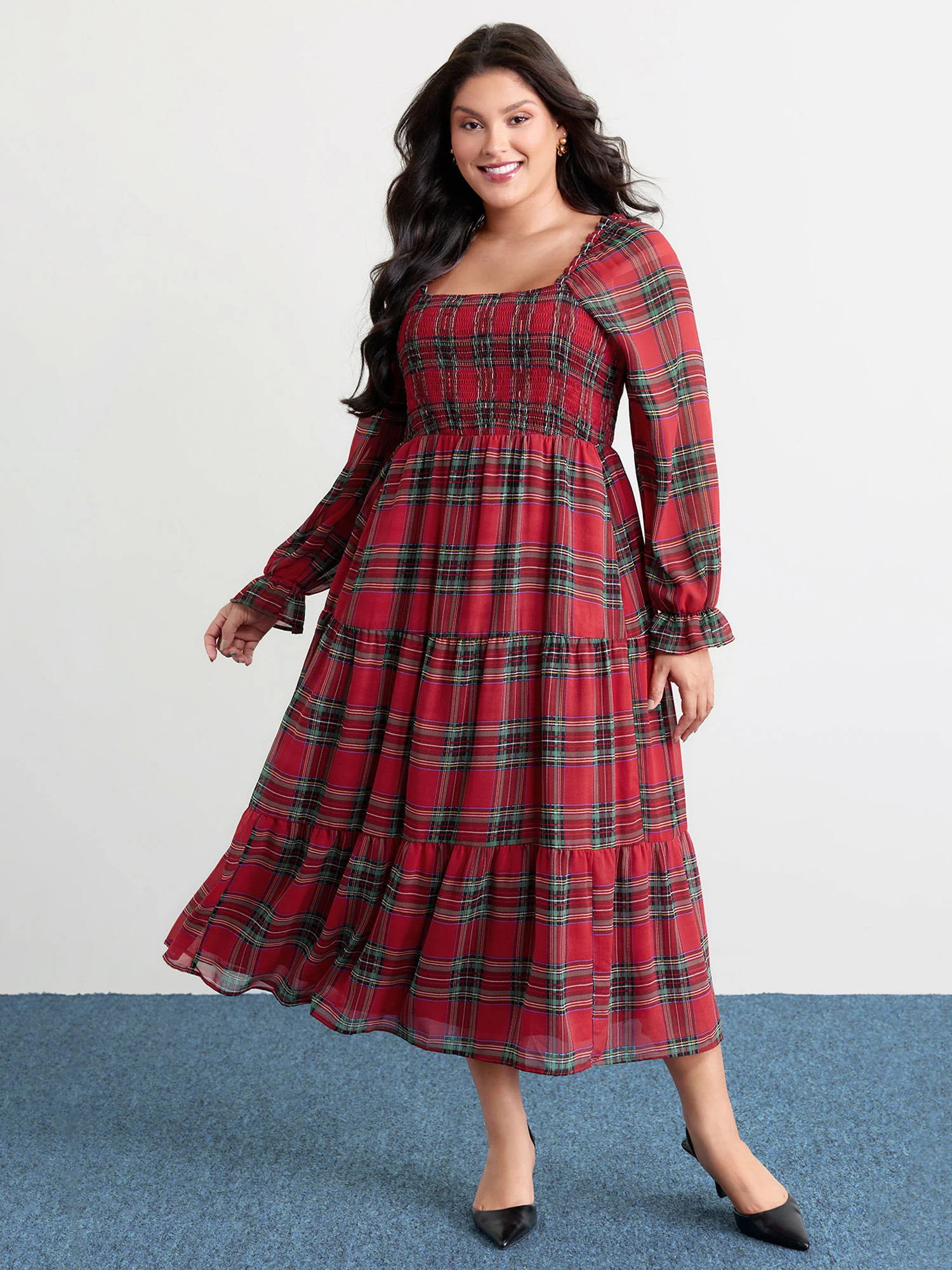 Holiday Plaid Shirred Bodice Maxi Dress | Bloomchic