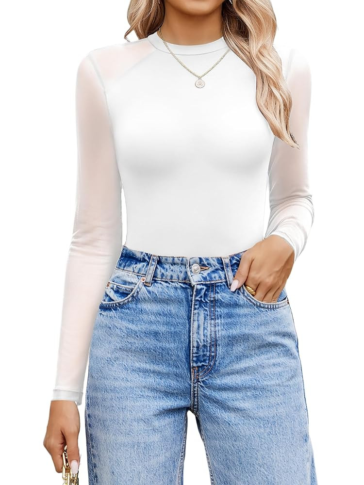 Avidlove Women Long Sleeve Bodysuit Crew Neck Body Suits Mesh One Piece Leotards Shirt Going Out ... | Amazon (US)