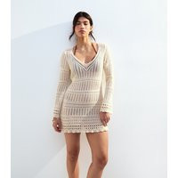 Women's Cream Crochet Long Sleeve Kaftan Mini Dress New Look | New Look (UK)