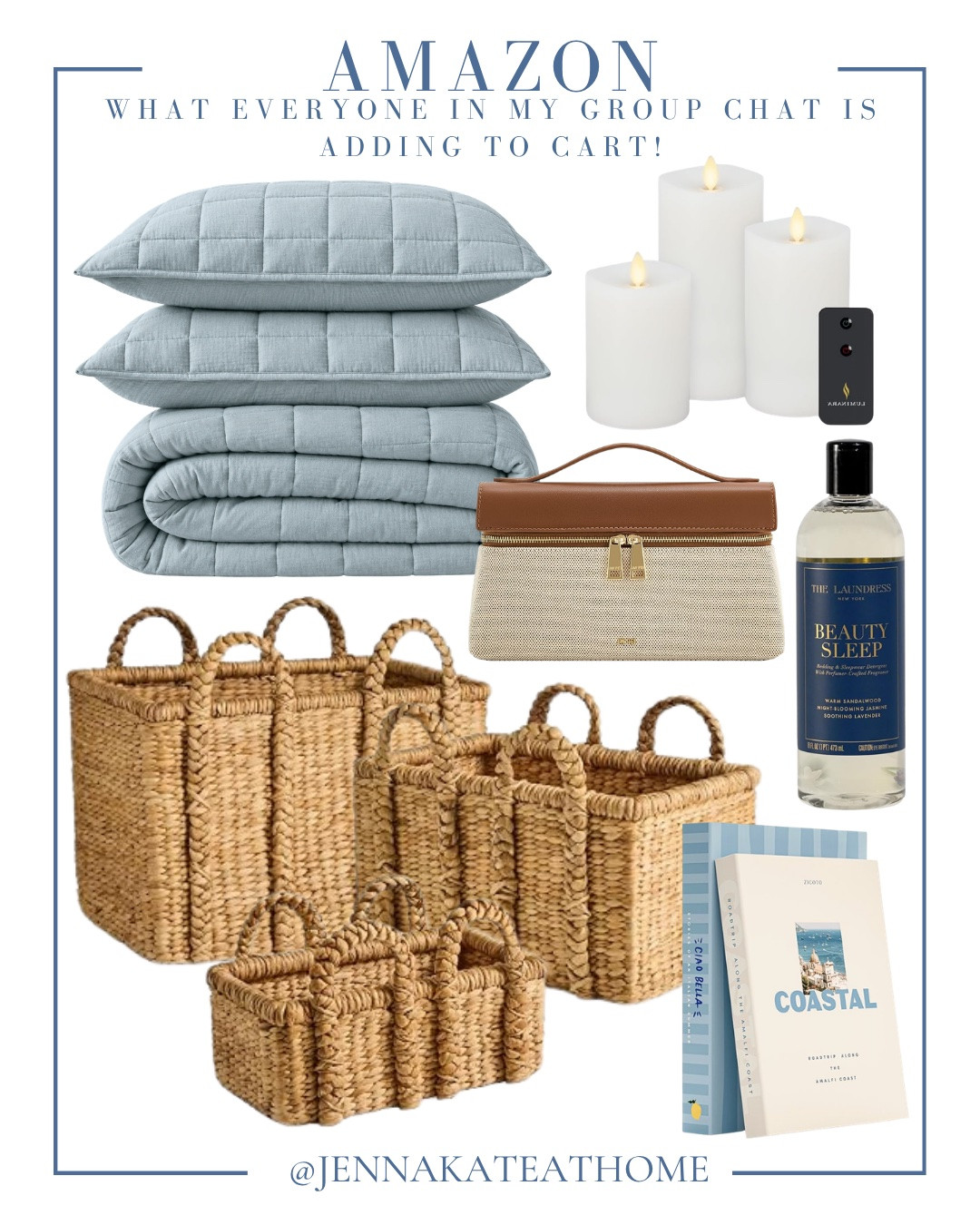 Amazon must-haves include bedding, decorative books, decorative baskets, pillar candles, purse, and luxury laundry detergent.

Must haves, Amazon must haves, looks for less, home decor